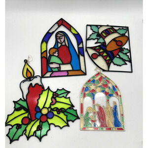 4 Plastic Stained Glass Christmas Ornaments Sun Catcher Door Window Hanger VTG
